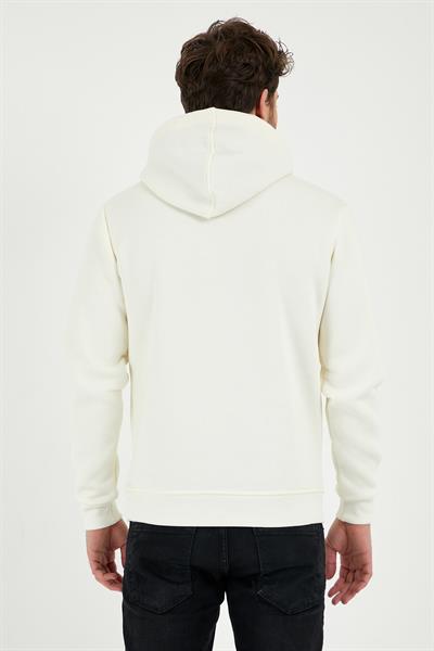 Erkek 3 İplik Pamuklu İçi Polarlı Regular Fit Nakışlı Kapüşonlu Kanguru Cepli Ekru Sweatshirt