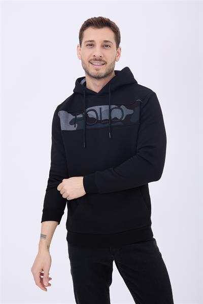 Erkek 3 İplik Pamuklu İçi Polarlı Regular Fit Nakışlı Kapüşonlu Kanguru Cepli Siyah Sweatshirt