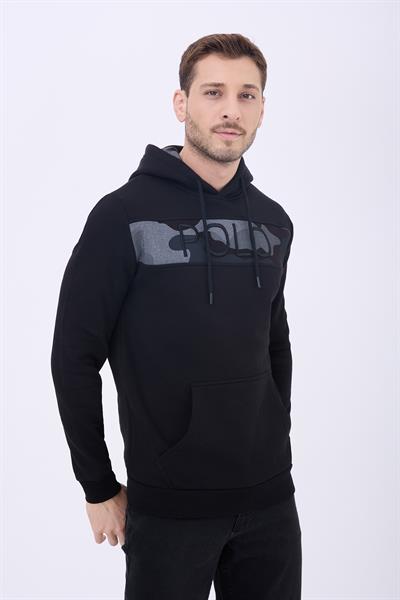 Erkek 3 İplik Pamuklu İçi Polarlı Regular Fit Nakışlı Kapüşonlu Kanguru Cepli Siyah Sweatshirt