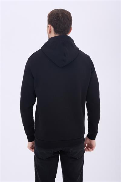Erkek 3 İplik Pamuklu İçi Polarlı Regular Fit Nakışlı Kapüşonlu Kanguru Cepli Siyah Sweatshirt