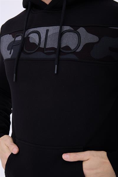 Erkek 3 İplik Pamuklu İçi Polarlı Regular Fit Nakışlı Kapüşonlu Kanguru Cepli Siyah Sweatshirt