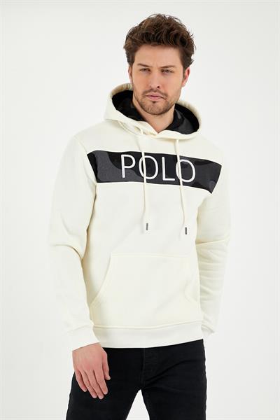 Erkek 3 İplik Pamuklu İçi Polarlı Regular Fit Nakışlı Kapüşonlu Kanguru Cepli Ekru Sweatshirt