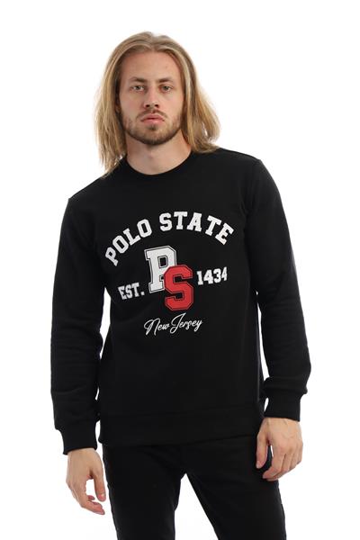 Erkek 3 İplik Pamuklu Baskılı Regular Fit Basic Bisiklet Yaka Siyah Sweatshirt