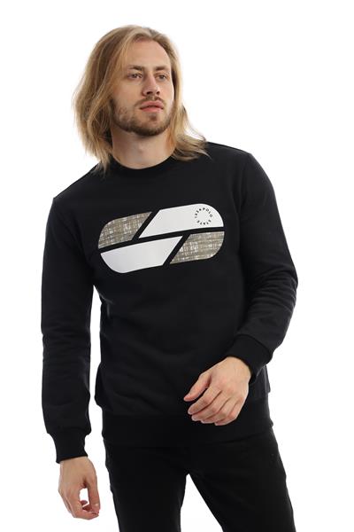 Erkek 3 İplik Pamuklu Baskılı Regular Fit Basic Bisiklet Yaka Siyah Sweatshirt