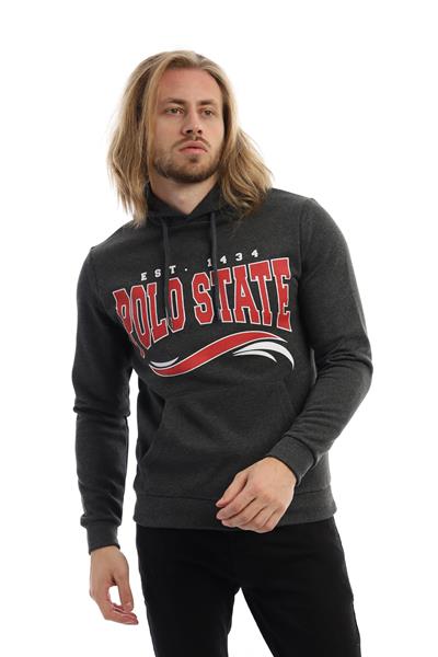 Erkek 3 İplik Pamuklu İçi Polarlı Regular Fit Baskılı Kapüşonlu Kanguru Cepli Antrasit Sweatshirt