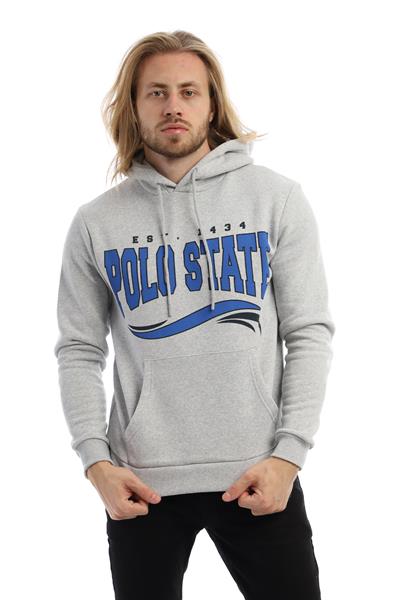 Erkek 3 İplik Pamuklu İçi Polarlı Regular Fit Baskılı Kapüşonlu Kanguru Cepli Gri Sweatshirt