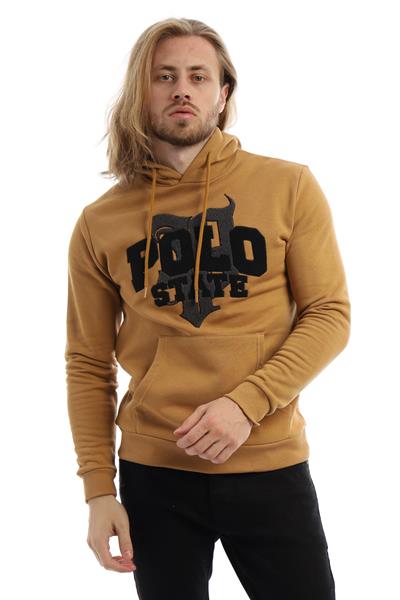 Erkek 3 İplik Pamuklu İçi Polarlı Süzine Nakışlı Regular Fit Kapüşonlu Kanguru Cepli Kahverengi Sweatshirt