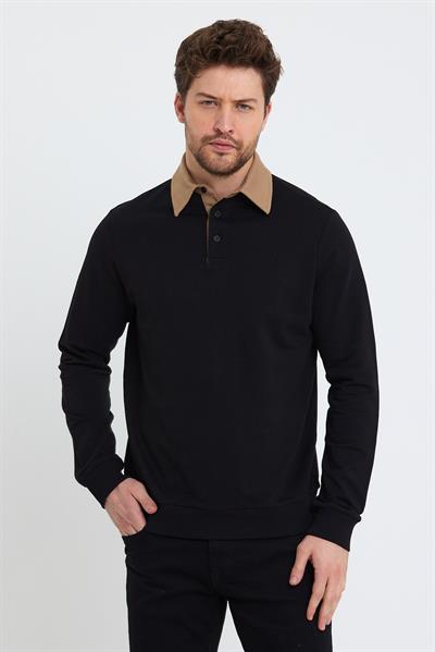 Erkek 2 İplik Pamuklu Regular Fit Polo Sweat Siyah Gömlek