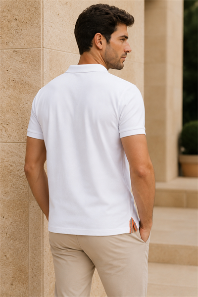 Erkek Polo Yaka Pike Kumaş Tişört Beyaz %100 Pamuk Regular Fit
