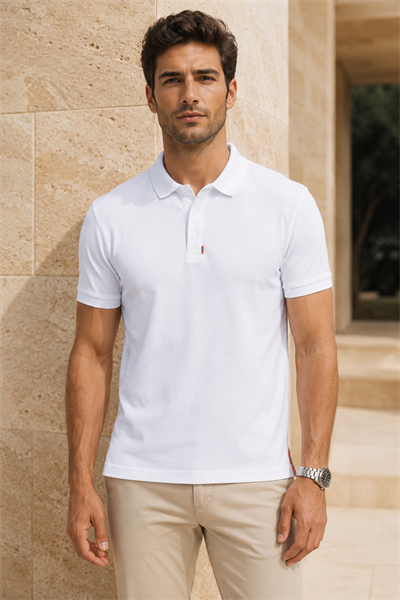 Erkek Polo Yaka Pike Kumaş Tişört Beyaz %100 Pamuk Regular Fit