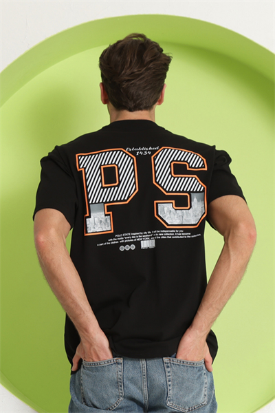 Erkek PS Baskılı Oversize T-Shirt Siyah