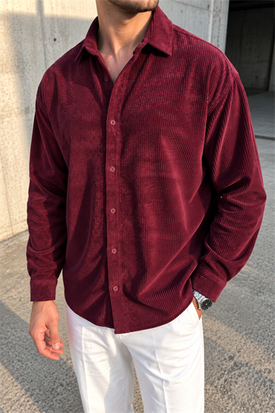 Erkek Regular Fit Fitilli Kadife Uzun Kollu Gömlek - Bordo Bordo
