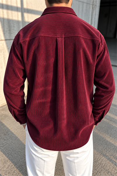 Erkek Regular Fit Fitilli Kadife Uzun Kollu Gömlek - Bordo Bordo