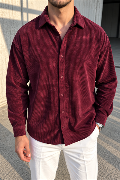 Erkek Regular Fit Fitilli Kadife Uzun Kollu Gömlek - Bordo Bordo