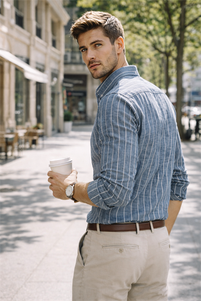 Erkek Regular Fit İndigo Çizgili Keten Görünümlü Gömlek