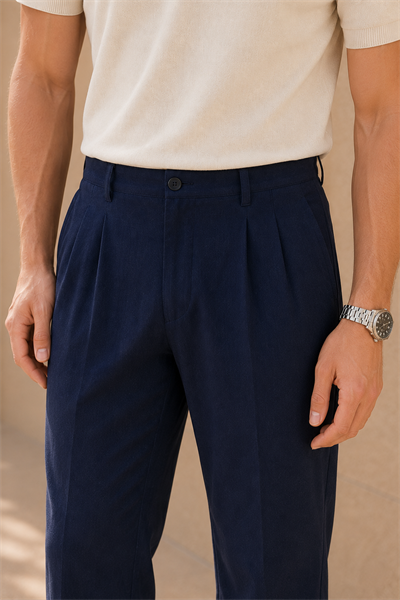Erkek Regular Fit Keten Dokulu Çift Pileli Yazlık Pantolon - Lacivert