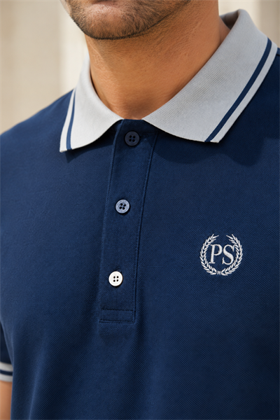 Erkek Regular Fit Nakışlı Kontrast Yaka Lacivert Polo Yaka Tişört