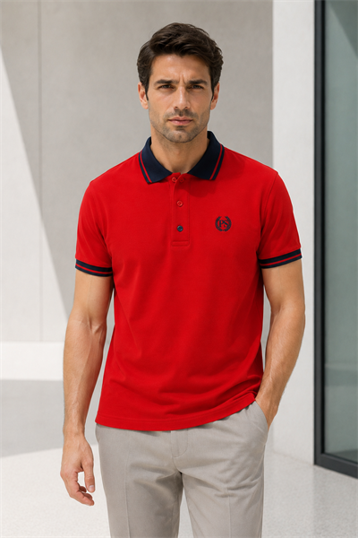 Erkek Regular Fit Nakışlı Kontrast Yaka Kırmızı Polo Yaka Tişört