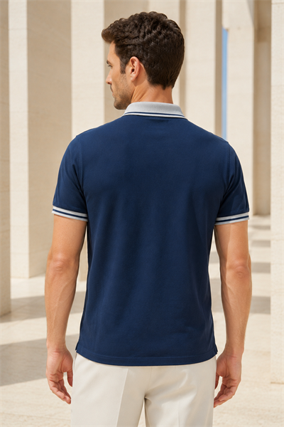 Erkek Regular Fit Nakışlı Kontrast Yaka Lacivert Polo Yaka Tişört