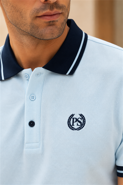 Erkek Regular Fit Nakışlı Kontrast Yaka Açık Mavi Polo Yaka Tişört