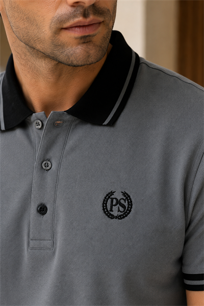 Erkek Regular Fit Nakışlı Kontrast Yaka Gri Polo Yaka Tişört