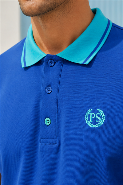 Erkek Regular Fit Nakışlı Kontrast Yaka Saks Polo Yaka Tişört