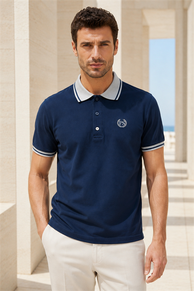 Erkek Regular Fit Nakışlı Kontrast Yaka Lacivert Polo Yaka Tişört