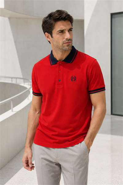 Erkek Regular Fit Nakışlı Kontrast Yaka Kırmızı Polo Yaka Tişört