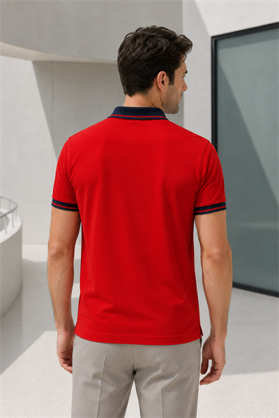 Erkek Regular Fit Nakışlı Kontrast Yaka Kırmızı Polo Yaka Tişört