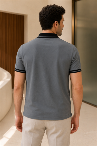 Erkek Regular Fit Nakışlı Kontrast Yaka Gri Polo Yaka Tişört
