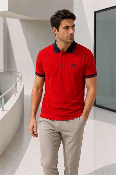 Erkek Regular Fit Nakışlı Kontrast Yaka Kırmızı Polo Yaka Tişört