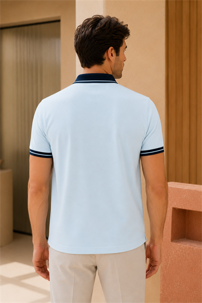 Erkek Regular Fit Nakışlı Kontrast Yaka Açık Mavi Polo Yaka Tişört