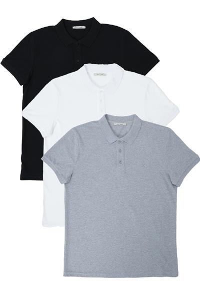 Erkek Regular Fit Polo Yaka 3lü T-shirt Beyaz-Gri-Siyah