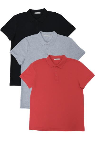 Erkek Regular Fit Polo Yaka 3lü T-shirt Kırmızı-Gri-Siyah