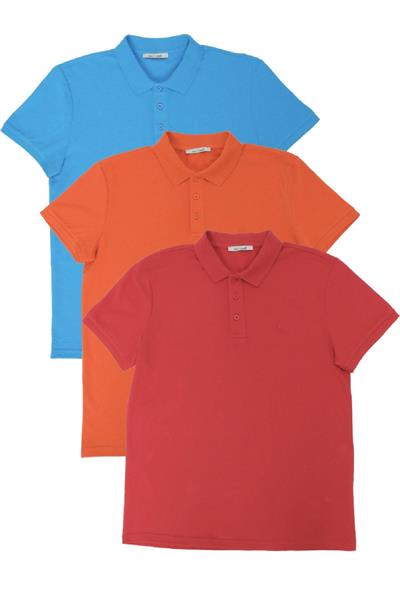 Erkek Regular Fit Polo Yaka 3lü T-shirt Turuncu-Mavi-Kırmızı
