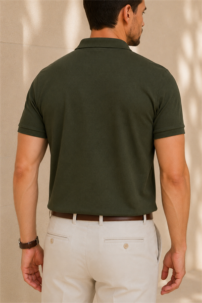 Erkek Regular Fit Polo Yaka Pike Kumaş Basic Tişört Haki