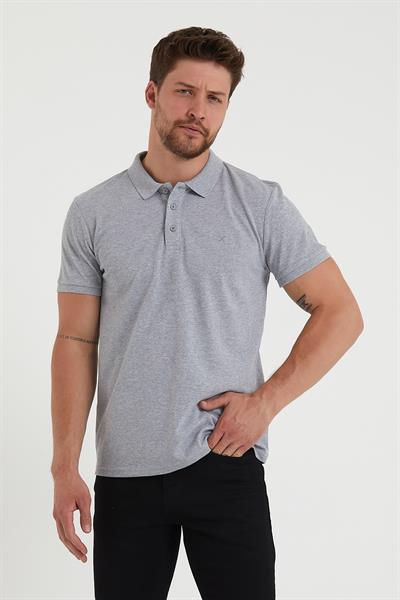 Erkek Regular Fit Polo Yaka Nakışlı T-shirt  Gri Melanj