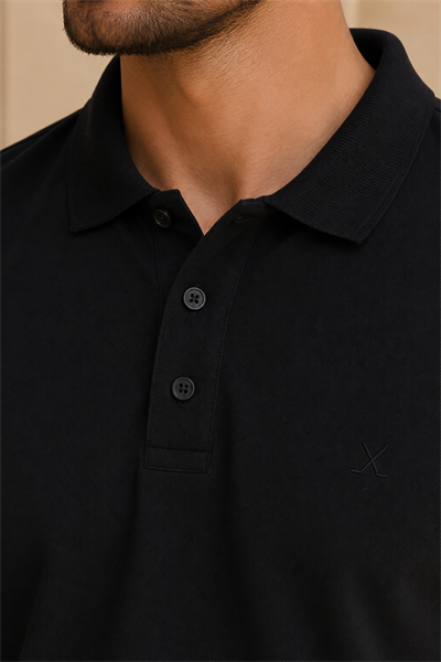 Erkek Regular Fit Polo Yaka Pike Kumaş Basic Tişört Siyah