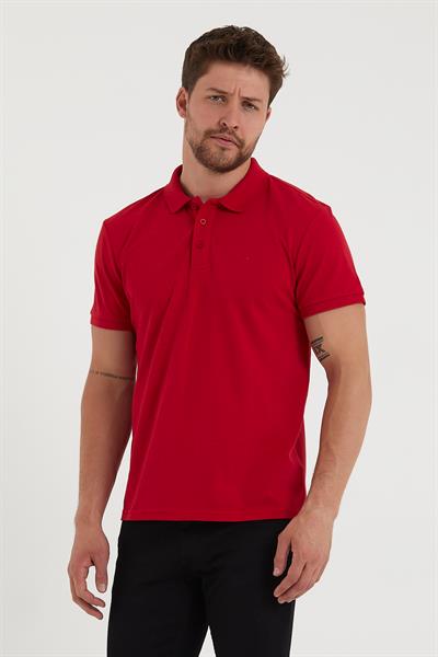 Erkek Regular Fit Polo Yaka Nakışlı T-shirt  Kırmızı