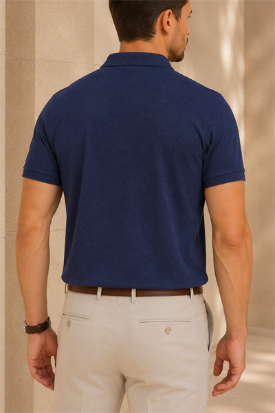 Erkek Regular Fit Polo Yaka Pike Kumaş Basic Tişört İndigo