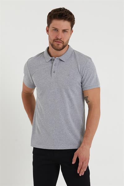 Erkek Regular Fit Polo Yaka Nakışlı T-shirt  Gri Melanj
