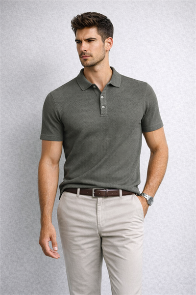 Erkek Regular Fit Waffle Dokulu Polo Yaka Kısa Kollu Haki Tişört