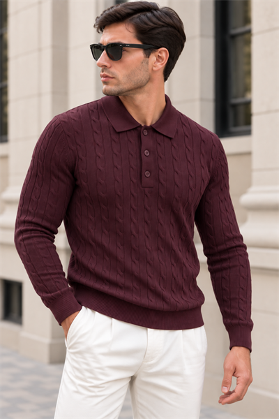 Erkek Saç Örgü Desenli Uzun Kollu Polo Yaka Triko Kazak - Bordo Bordo
