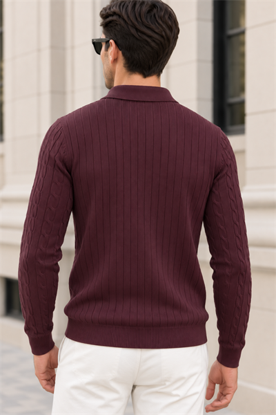 Erkek Saç Örgü Desenli Uzun Kollu Polo Yaka Triko Kazak - Bordo Bordo