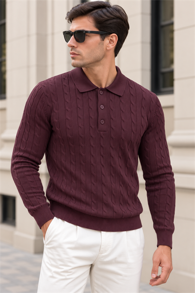 Erkek Saç Örgü Desenli Uzun Kollu Polo Yaka Triko Kazak - Bordo Bordo