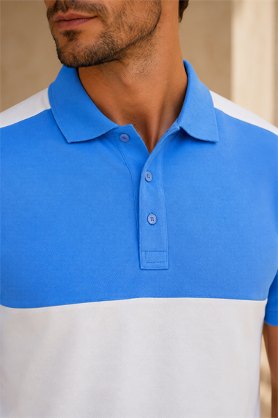 Erkek Saks Mavi Beyaz Blok Renk Polo Yaka T-Shirt