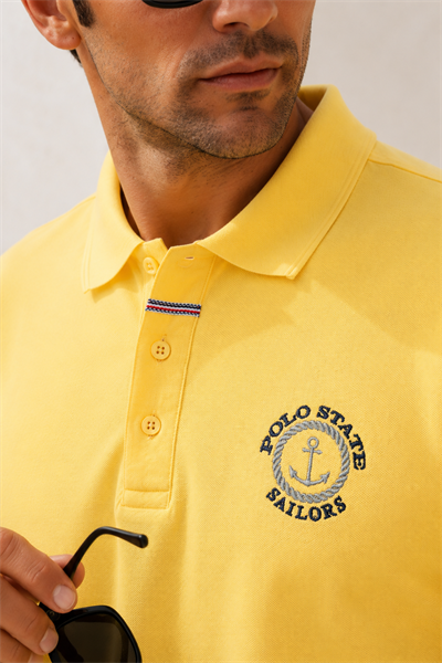 Erkek Sarı Polo Yaka Nakışlı Pike T-Shirt