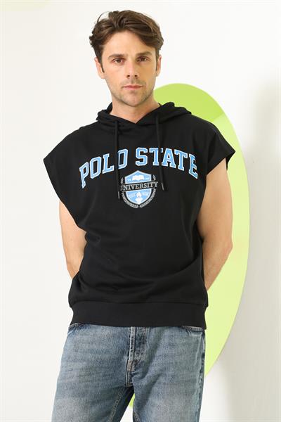 Erkek Sıfır Kol Kapüşonlu T-Shirt Siyah