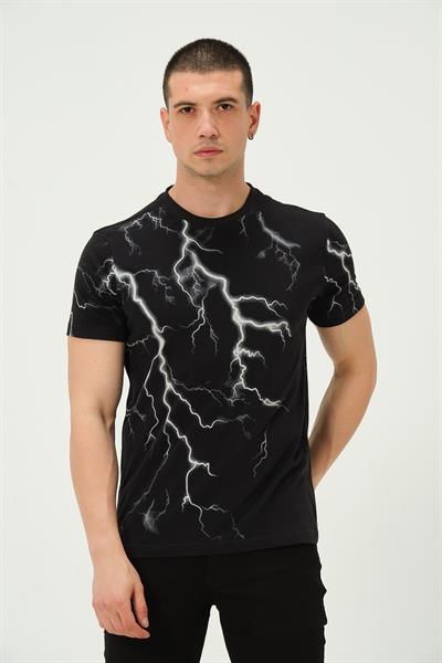 Erkek Şimşek Baskılı Regular Fit Tişört Siyah