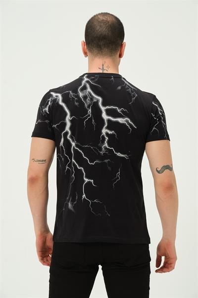 Erkek Şimşek Baskılı Regular Fit Tişört Siyah
